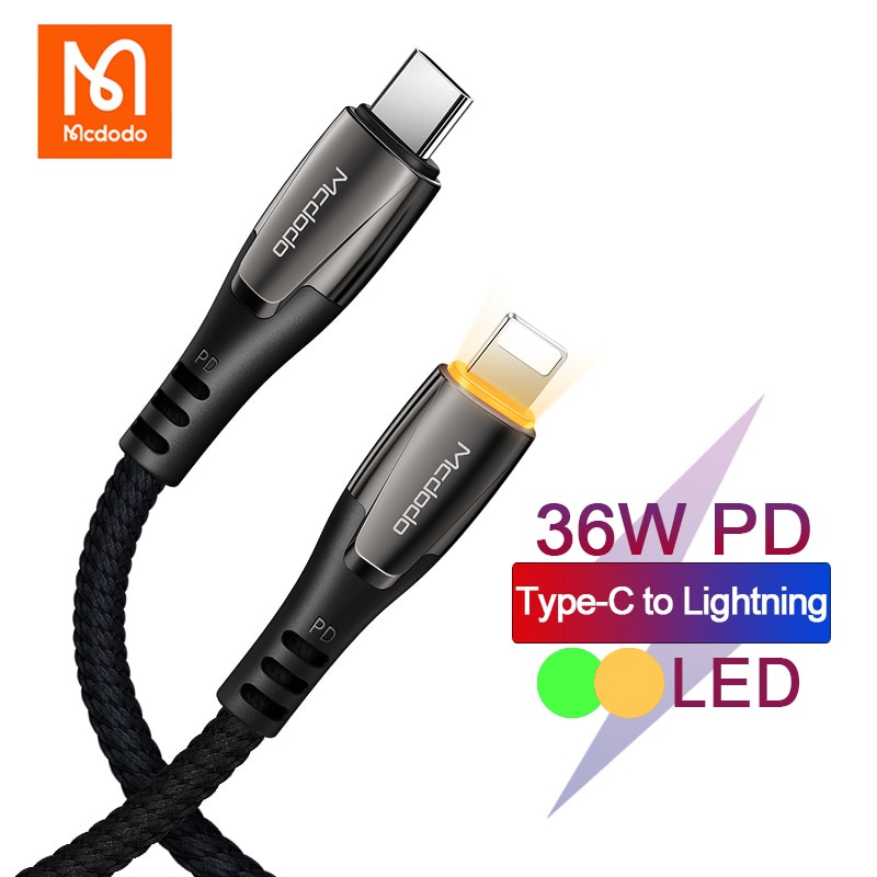 mcdodo pd 36w cargador rápido indicación led cable de datos usb c a lightning cable para iphone