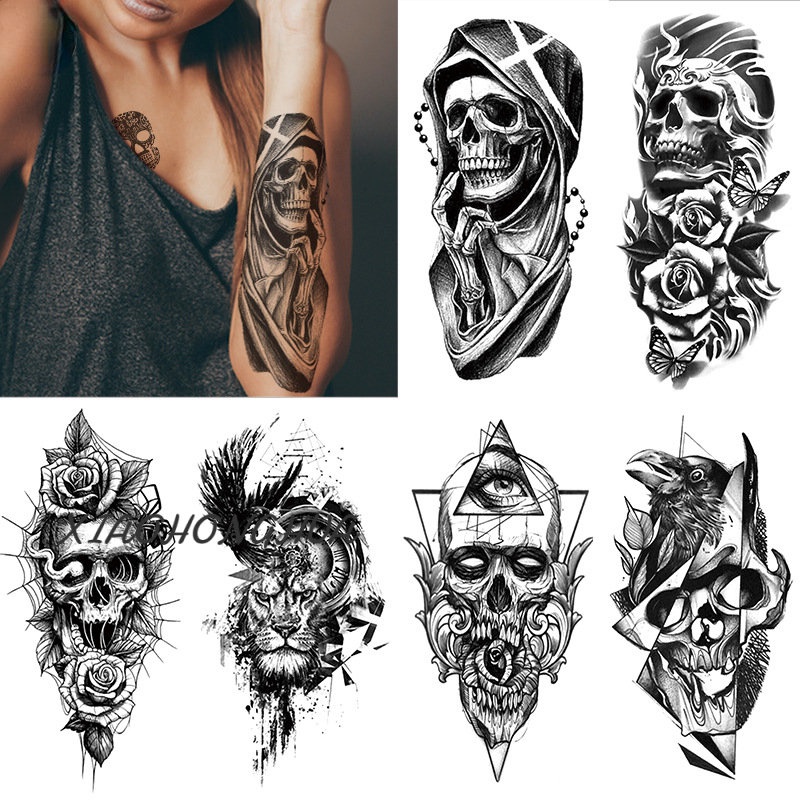 Image of Small full-arm tattoo sticker waterproof and durable half-arm skull English letter other shore flower tattoo sticker #0