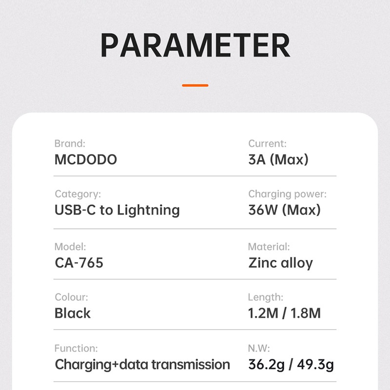Image of mcdodo pd 36w cargador rápido indicación led cable de datos usb c a lightning cable para iphone #6
