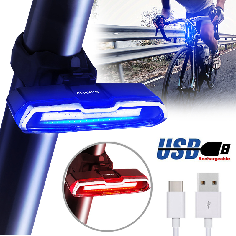 Image of 3 colores rojo brillante azul blanco 8 modos de carga USB LED bicicleta luz trasera de montaña #1