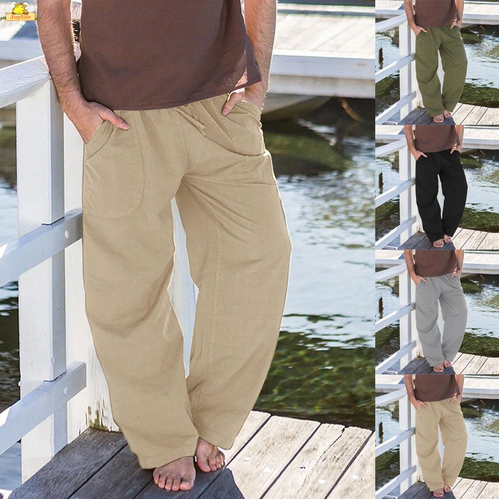 CheChury Pantalones de Lino para Hombre Holgados Ligeros con Cordón para Playa Yoga con Cintura Elástica y Pantalones para Entrenamiento y Correr 