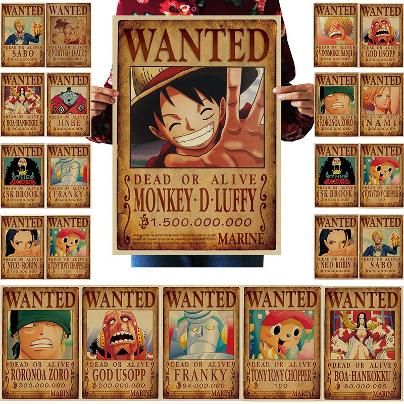 Cartel pared Póster vintage papel Kraft One Piece anime manga Luffy Wanted 