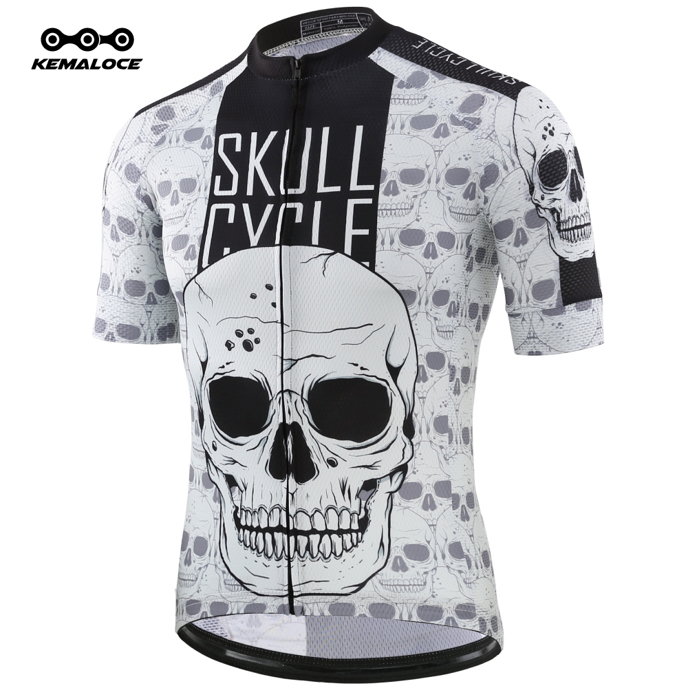 Mens Ciclismo Jersey manga corta Mountain Bike Shirt MTB Top cremallera bolsillo reflectante cráneo 
