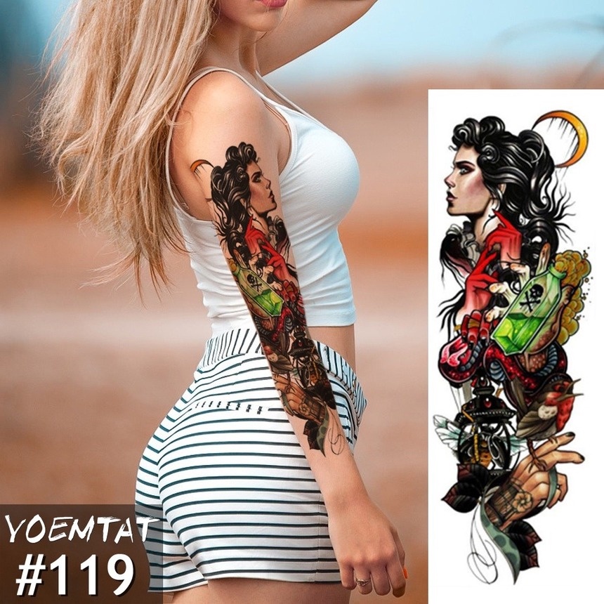 Image of Gran Brazo Manga Tatuaje Catrina Cráneo Niña Impermeable Temporal Pegatina Roja Rosa Loto Flor Completa Tatoo Cuerpo Arte Mujeres Personalizar #3