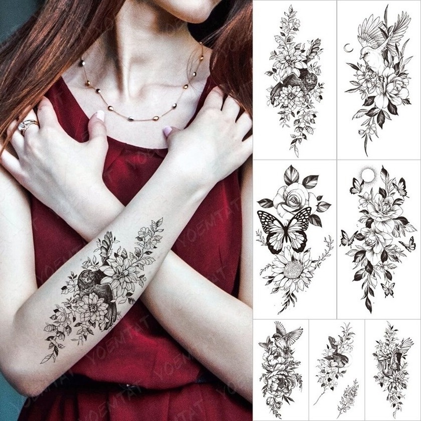 Impermeable Temporal Tatuajes De Flores Pájaro Mariposa Luna Girasol Cuerpo  Arte Brazo Falso Tatuaje Moda Icono | Shopee Colombia