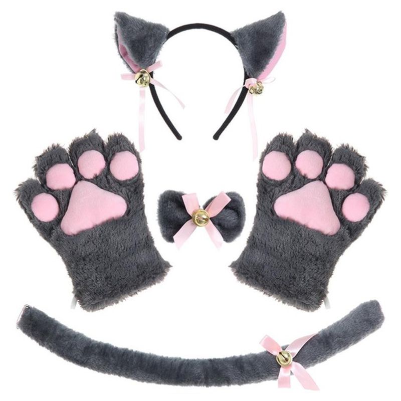 Image of EST Women Lady Cat Kitty Maid Cosplay Costume Set Plush Ear Bell Headband Bowknot Collar Choker Tail Paws Gloves Anime Props #5