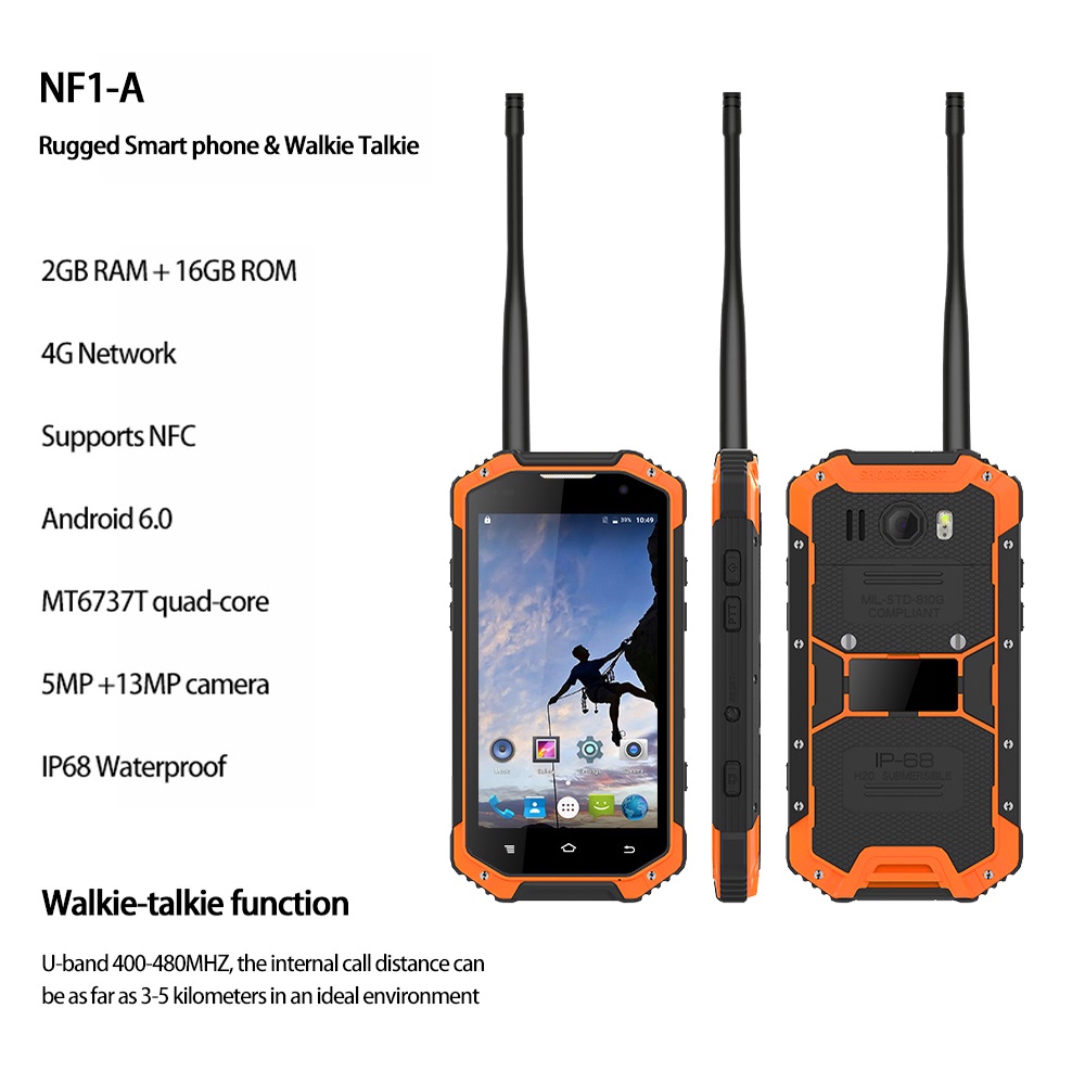 NF1-A 4G LTE Walkie Talkie Smartphone 4.7Inches 13MP Cámara Quad Core 2GB RAM 16GB ROM 4400mAh Android 6.0 NFC IP68 Impermeable Resistente Teléfono Móvil
