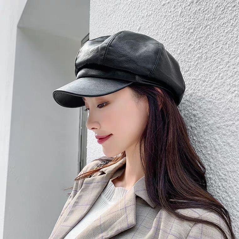 Sombrero octogonal cuero PU para mujer, otoño, moda británica, sombrero de cuero salvaje, boina con lengua pato | Shopee Colombia