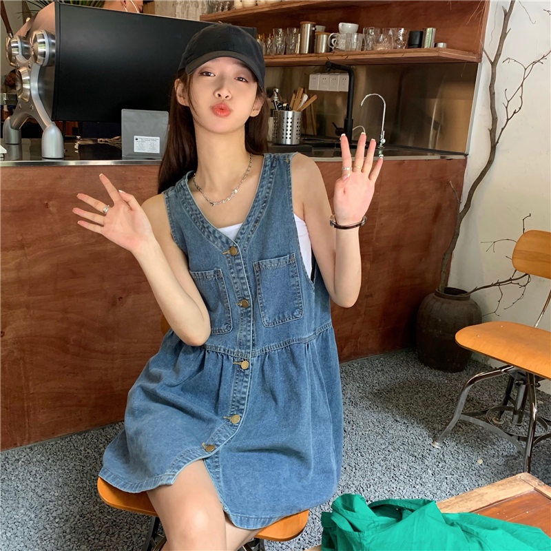 Chaleco Sin Mangas Vestido De Mezclilla Mujer Verano 2022 Nueva Versión Coreana Suelta Pequeña Casual Liguero Falda Corta #2