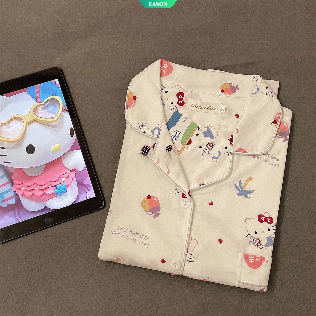 Sanrios Anime KawaiiInsins HelloKitty Stitch Japonés Pijamas De Las Mujeres De Verano De Manga Corta Pantalones Cortos cardigan Lindo De Dibujos Animados Sueltos Estudiante Ropa De Casa Traje De Pareja #2