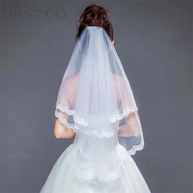 Velo De Novia Doble Hermosa Catedral De Marfil Velos Cortos De Boda Borde De Encaje Con Peine #6