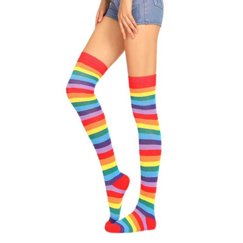 GUMEI Mujeres niñas Fancy Rainbow Coloridas Rayas sobre la Rodilla Calcetines Largos Halloween Cosplay Disfraz Tejido elástico Medias Altas hasta el Muslo 