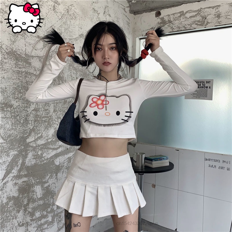 Sanrio Hello Kitty Primavera Nueva Manga Larga Corta Ombligo Impreso  Camiseta Mujer Coreano Harajuku Slim Top Ropa De Moda Y2k | Shopee Colombia