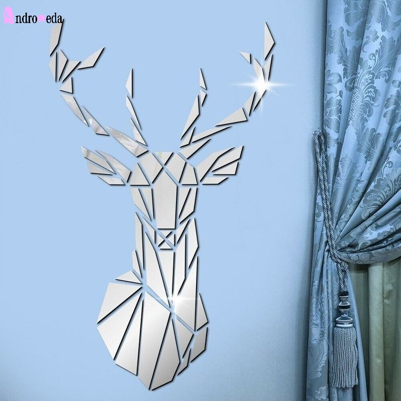 57 * 35 CM plata Reccisokz Espejo 3D forma de ciervo pegatinas de pared tridimensionales DIY pegatinas de pared decorativas sala de estar dormitorio TV fondo pared sofá arte pegatinas de pared 