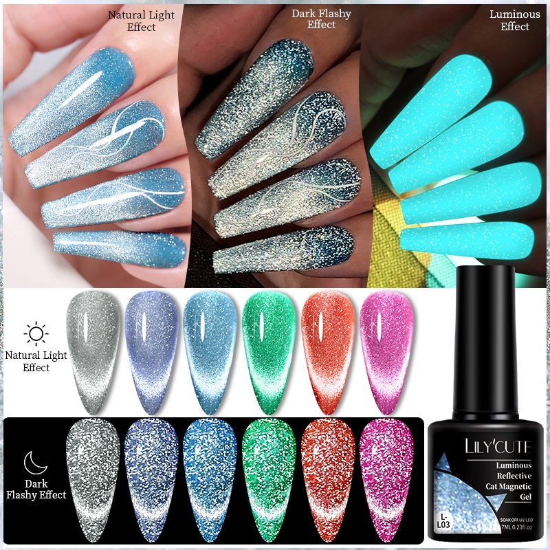 LILYCUTE-Esmalte De Gel Magnético Para Gatos , Brillo Reflectante Luminoso , Color Azul , Crecimiento En La Oscuridad , Semipermanente , Empapado UV , 7 Ml #7