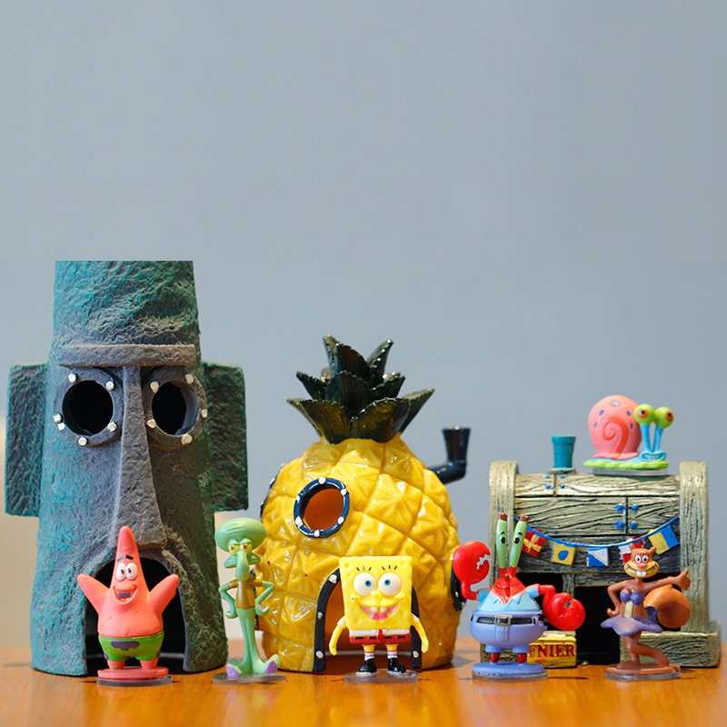 Figura De Esponjas De Dibujos Animados Anime Casa De Piña Krusty Krab Chum Cubo Juguetes De Acuario Tanque De Peces Adornos Para Niños #1