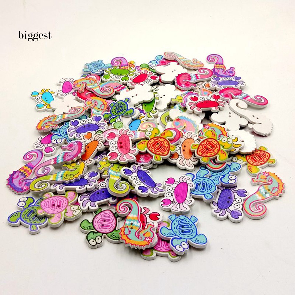 BIG 50Pcs dibujos animados animales marinos marinos peces cangrejos caballito de mar 2 agujeros costura botones de madera #9