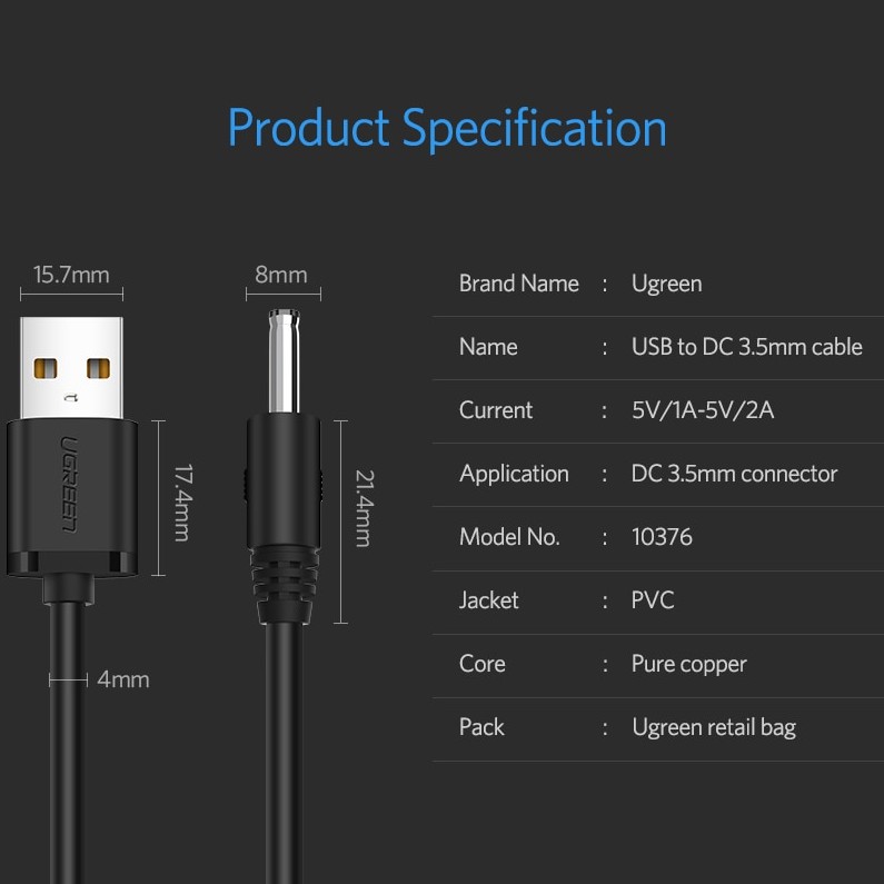 Image of Ugreen USB A DC 3.5mm Cable De Alimentación Macho 3.5 Conector Jack 5V Fuente Adaptador De Cargador Para HUB Ventilador #7