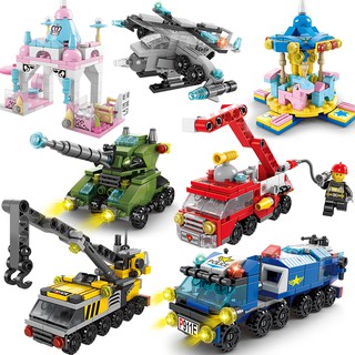 Image of Mini 6 en 1 bloques de construcción coche de policía modelo de camión de bomberos Castillo compatible con bloques de construcción Lego juguetes educativos para niños