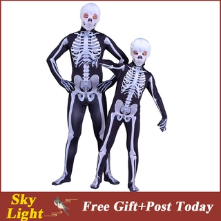 Image of 2QHQ Halloween Adult Skeleton Print Costumes For Kids Men Boys Women Neck Family Scary Demon Devil Skull Skeleton Jumpsuit