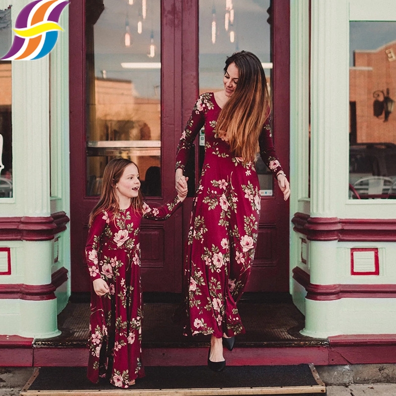 Vestido largo con estampado floral de manga larga y manga larga en seda de  leche con traje familiar de madre e hija | Shopee Colombia