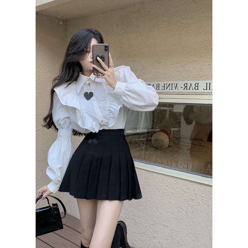 Auto muestra encuesta Mujer Francés Chic Volantes Blanco Vintage Manga Larga Camisa + Negro  Plisado Mini Falda Verano Dos Piezas Conjunto | Shopee Colombia
