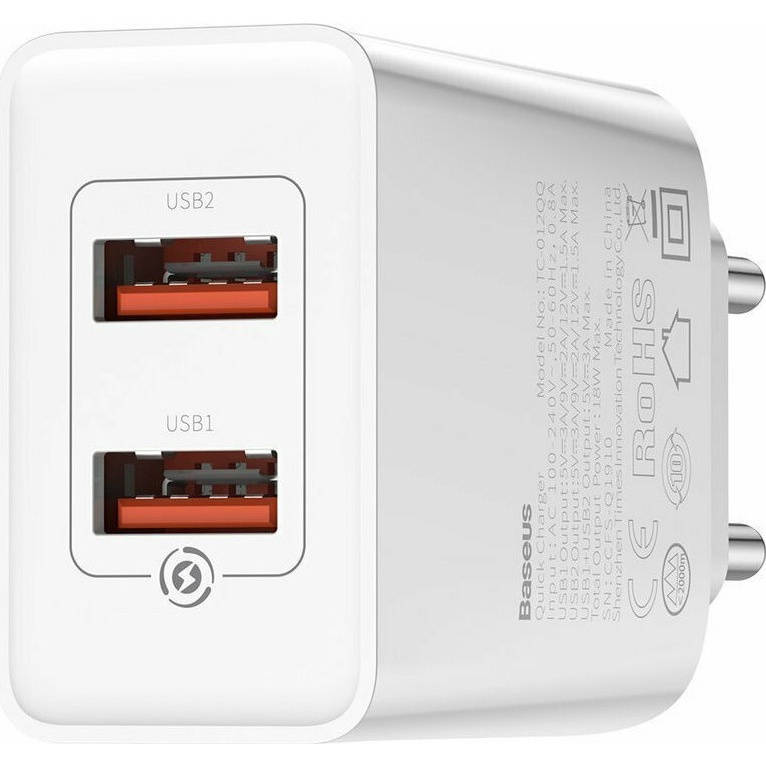 Image of Cargador de viaje Baseus 2 puertos USB QC 18W y Cable USB a tipo C (sin caja) #1