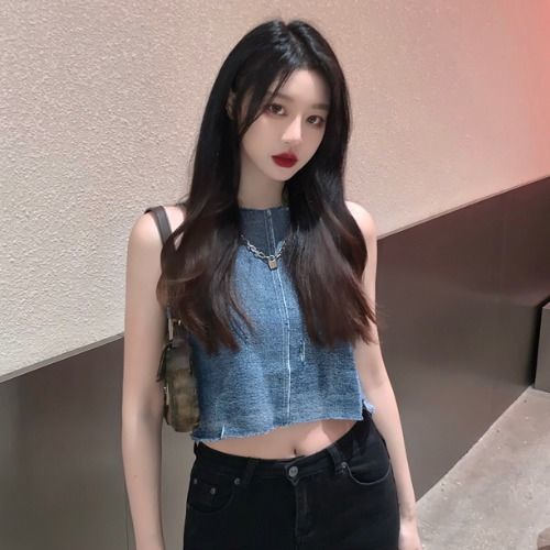 Chaleco De Mezclilla Sin Tirantes Corto Para Mujer Ropa Exterior Ajustada De Verano Nicho chic Mangas Top De Moda 3/5 #1