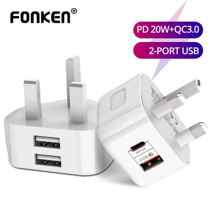 Image of FONKEN UK Plug Dual USB Cargador 5V2A Universal Cabeza De Carga De Viaje Estándar PD20W + QC3.0 5V1A Adaptador De Corriente #0