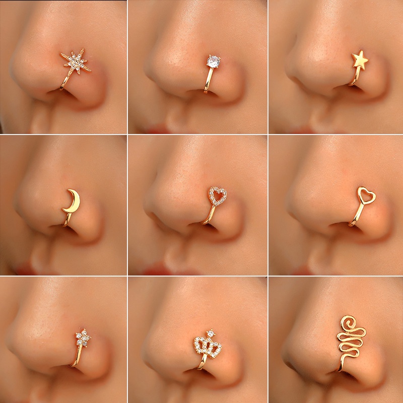 Creativo No Perforado En Forma De U Clip De Nariz De Cobre Con Incrustaciones De Circonita Estrella Amor Corona Anillo Falso J