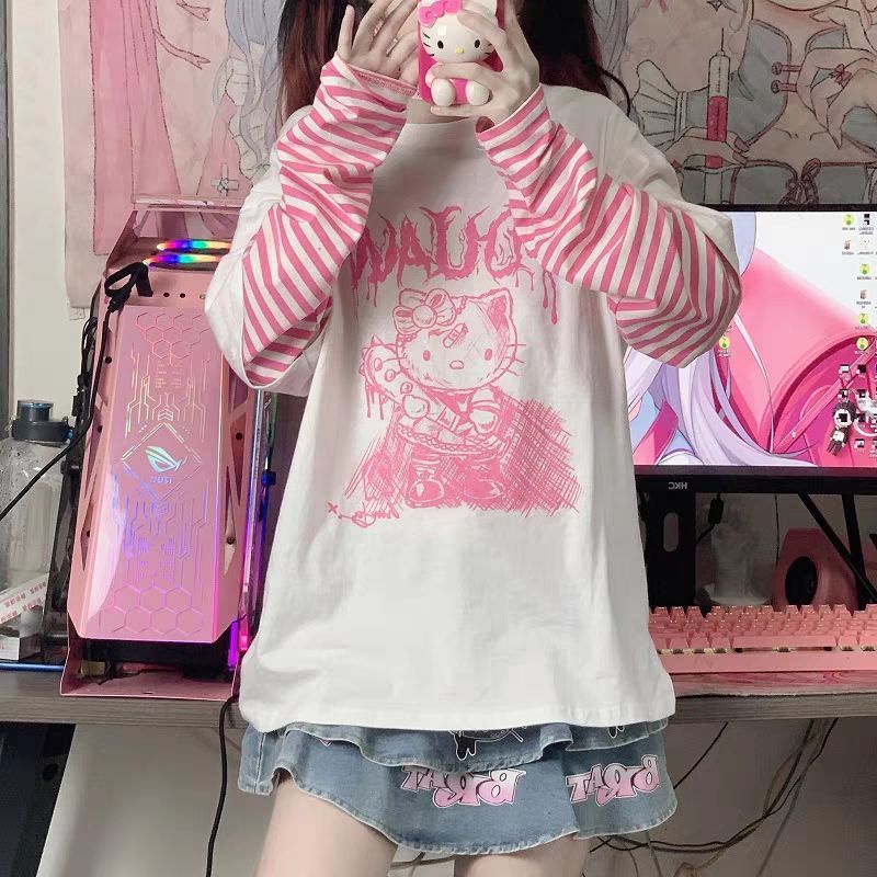 Camiseta Japonesa Sweet Cool Hello Kitty Top Suelta Estudiante Lindo Manga  Larga 2022 Nueva Ropa Casual Para Mujer | Shopee Colombia