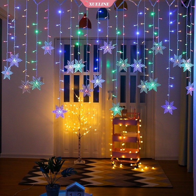 Colorido Cadena de Luz para Interior y Exterior Decoración de Festivales de Navidad Estrellas Copos de Nieve Cortina de Luces LED con 8 Modos de Luz Queta Luces de Hadas Cortina de Luz 