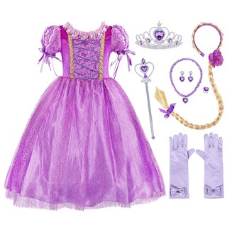 Image of FLFS Chrismas Girls Rapunzel Costume Princess Puff Sleeve Tulle Dress Fancy Party Birthday Dress Up Outfit