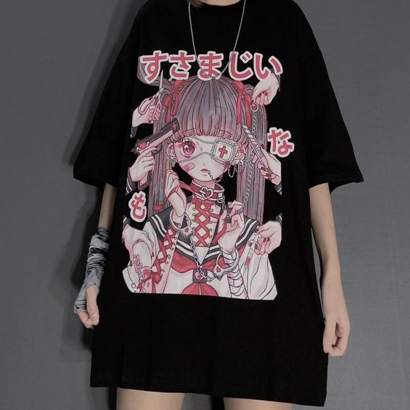 Camisa De Mujer Estilo Verano Ins Dark Retro Anime Impresión Oversize  Camiseta Harajuku Manga Corta Ropa Gótica | Shopee Colombia