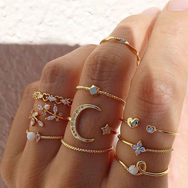 Vueltas y vueltas Leopardo orden moon star anillos oincidencia para mujeres anillos mujer oro anillo  conjunto bagues niñas anillo | Shopee Colombia