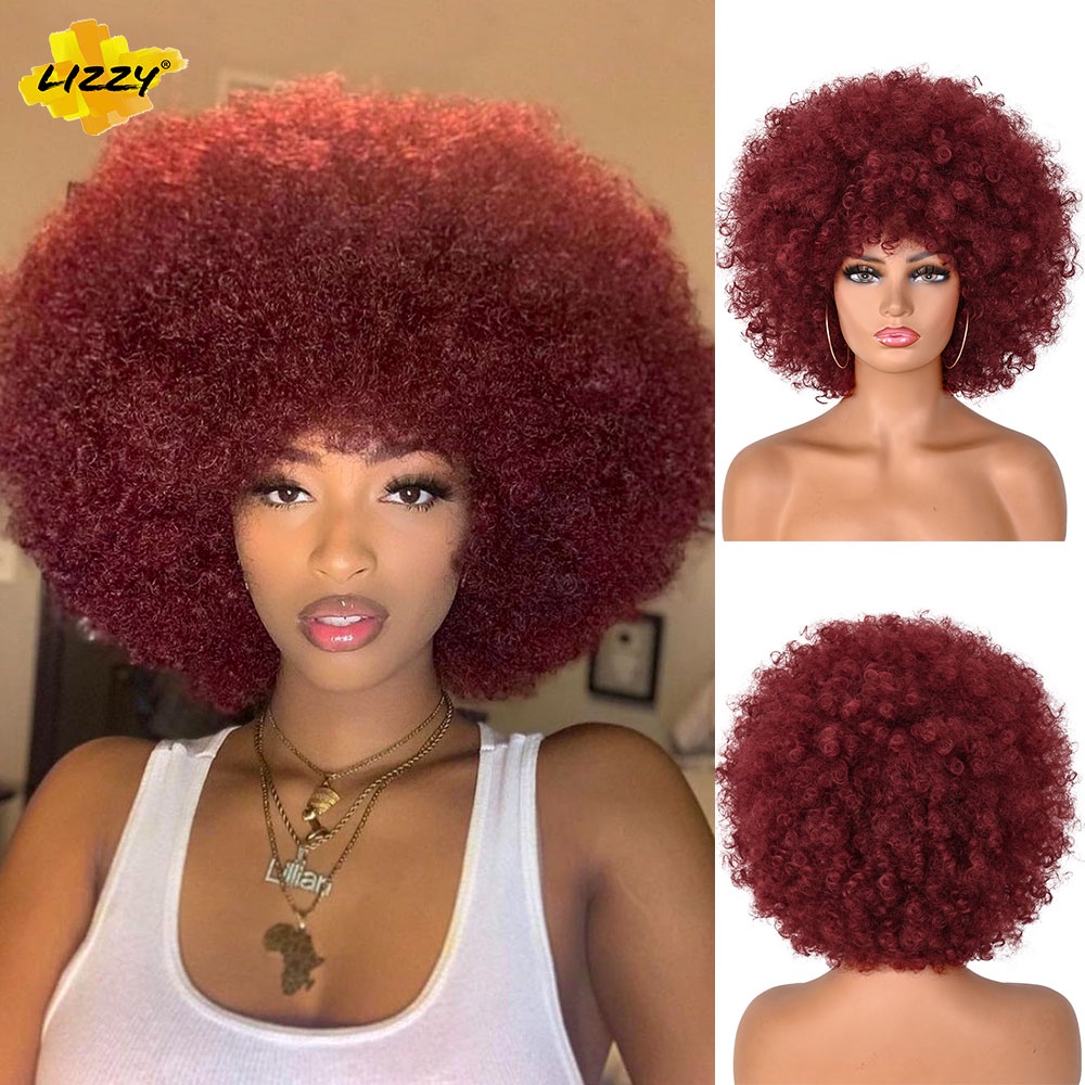 Corto Afro Rizado Pelucas Con Flequillos Para Bla Mujeres Africano Sintético Esponjoso Suave 99j Rojo Natural Sin Pegamento Peluca