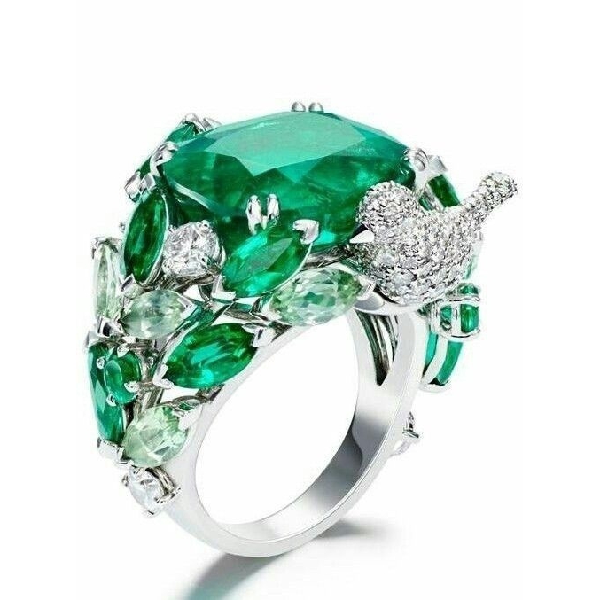 Moda 5 Quilates Verde Esmeralda Plata Piedras Preciosas Naturales Diamante Pájaro Anillo De Compromiso Joyería De Boda #5