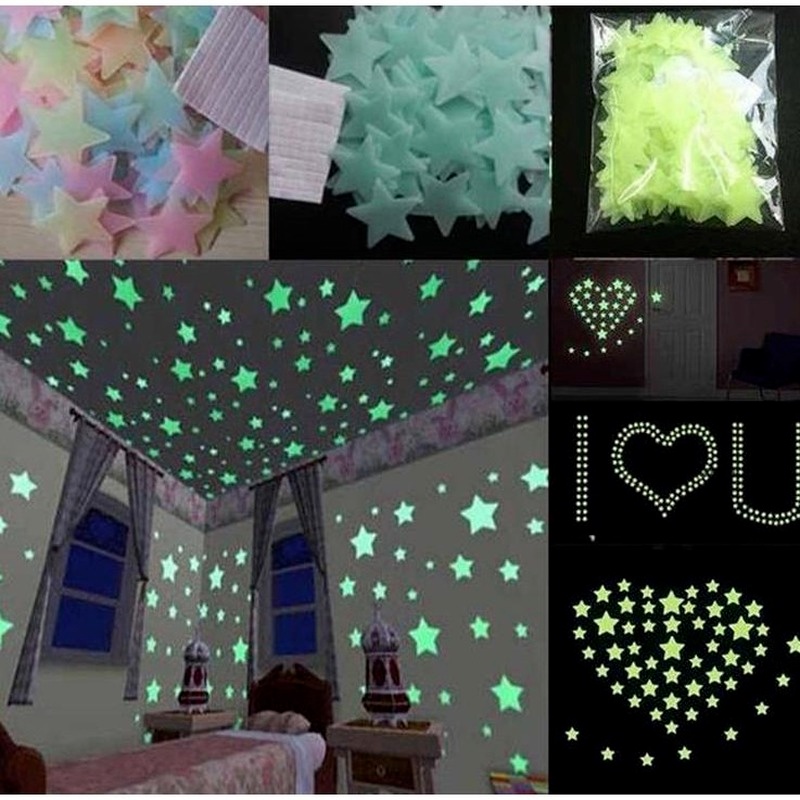 color mixto 200 pegatinas 3D realistas que brillan en la oscuridad pegatinas de techo luminosas con puntos fluorescentes de estrellas y espacio lunar pegatinas de pared para decoración del hogar 
