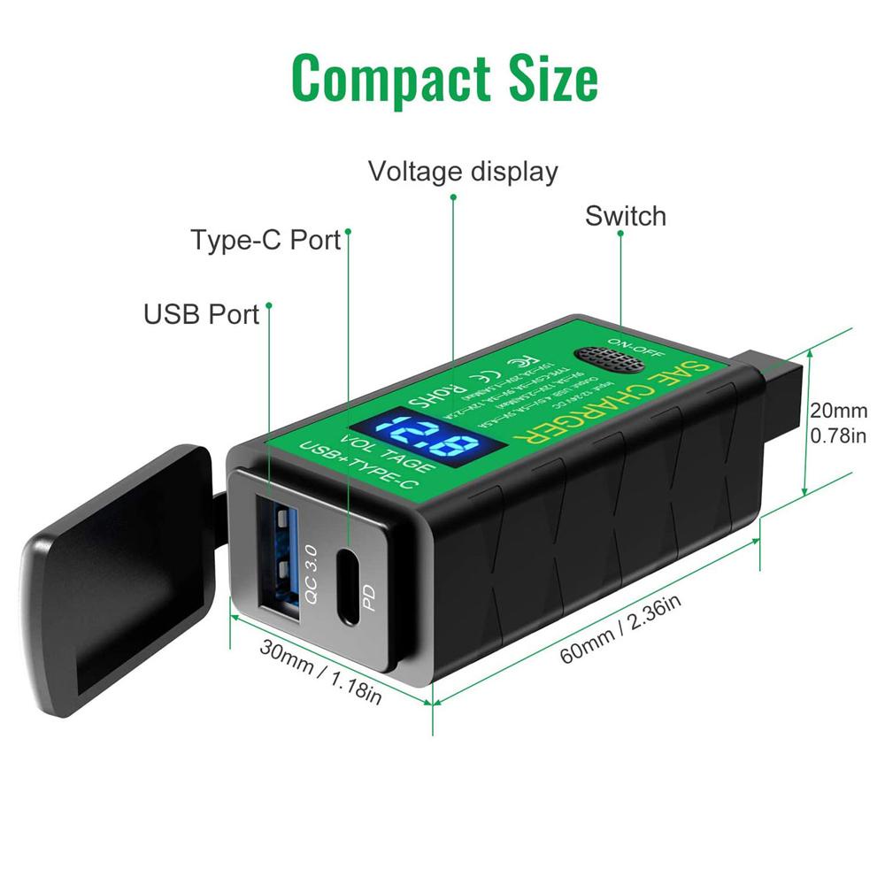 AUGUSTINA Cargador De Teléfono Impermeable Moto Con Voltímetro Con USB C 18W PD SAE A QC3.0 Rápido
