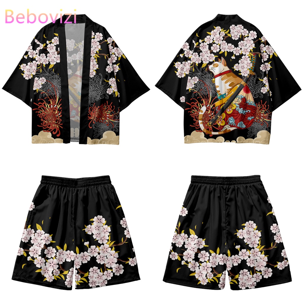 Venta Caliente Harajuku Tradicional Sakura Samurai Gato Impresión De Dos Piezas Traje Yukata Mujeres Kimono Japonés Cardigan Hombres Cosplay Haori Conjuntos #8
