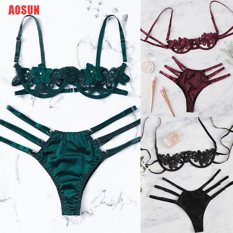 Aosun Encaje Sujetador Floral Y Bragas Conjunto De Mujeres Sexy Lencería Inalámbrica Hueco 2086