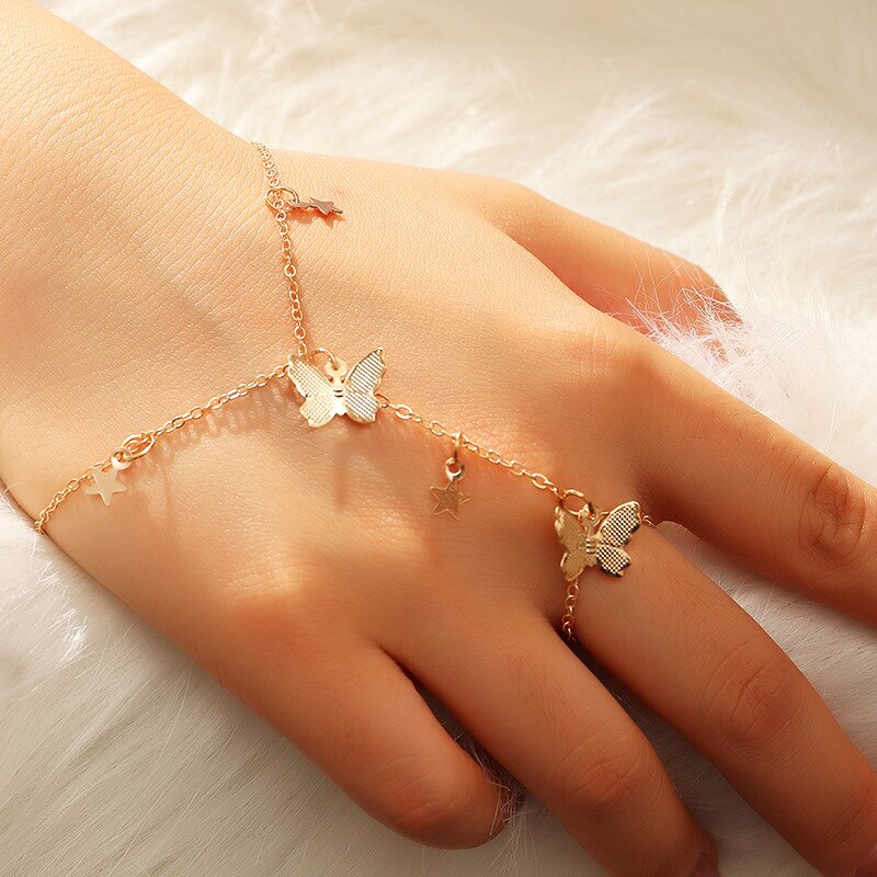CAVIVI Pulsera de cristal para mujer accesorios ajustables anillo de dedo pulsera de cadena de eslabones cuentas de anillo cadena de mano con anillo 