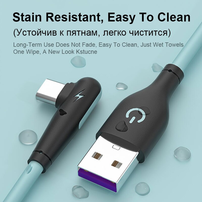 Cable USB C De Silicona Suave Cargador Rápido De 90 Grados 5A Tipo Para Teléfono Móvil -