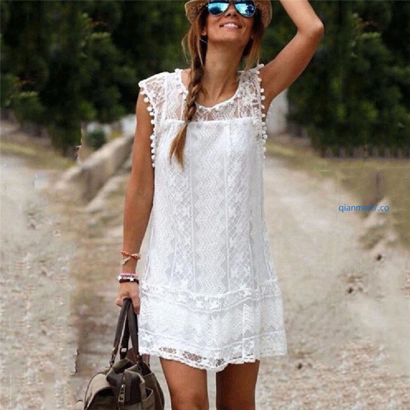 moda verano elegante vestido de las mujeres casual sólido sin mangas slim playa  vestido corto de encaje borla mini vestido | Shopee Colombia
