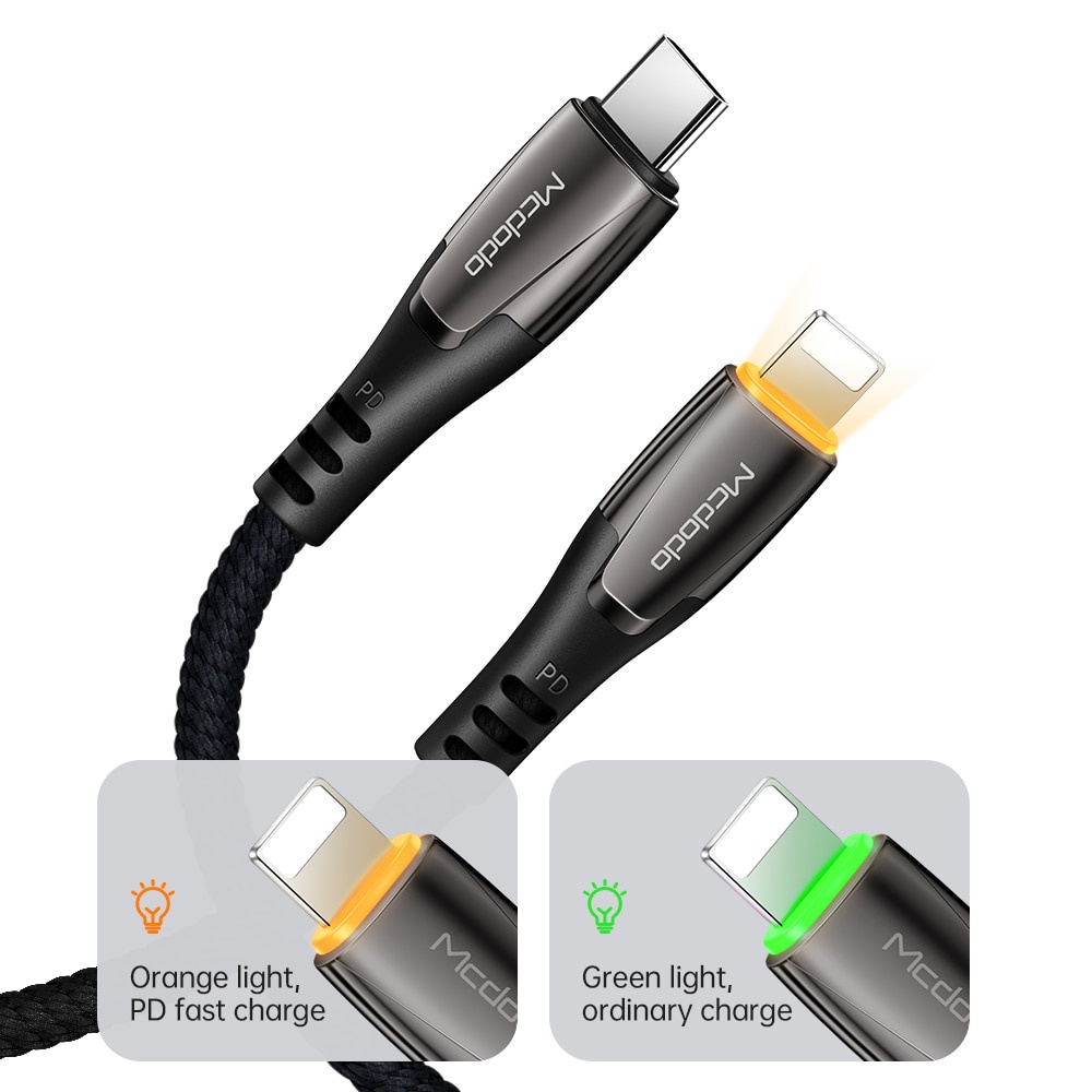 mcdodo pd 36w cargador rápido indicación led cable de datos usb c a lightning cable para iphone