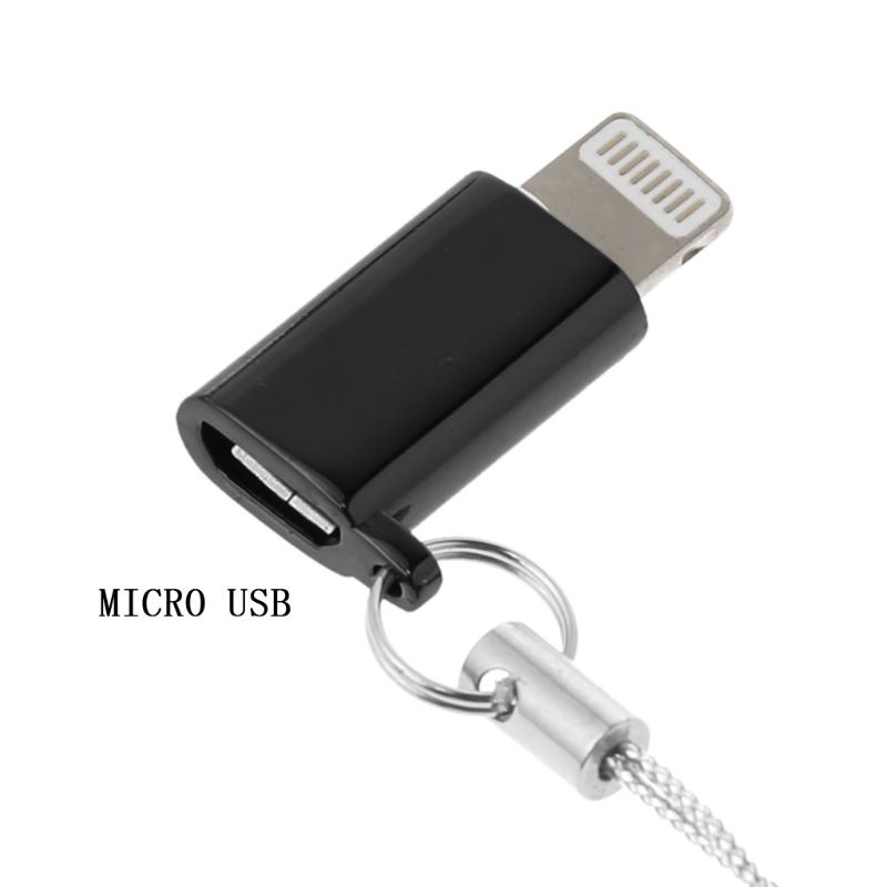 Micro USB hembra a conector macho de 8 pines con cadena para iPhone X XS XR 5 6 7 8 iPad plata 