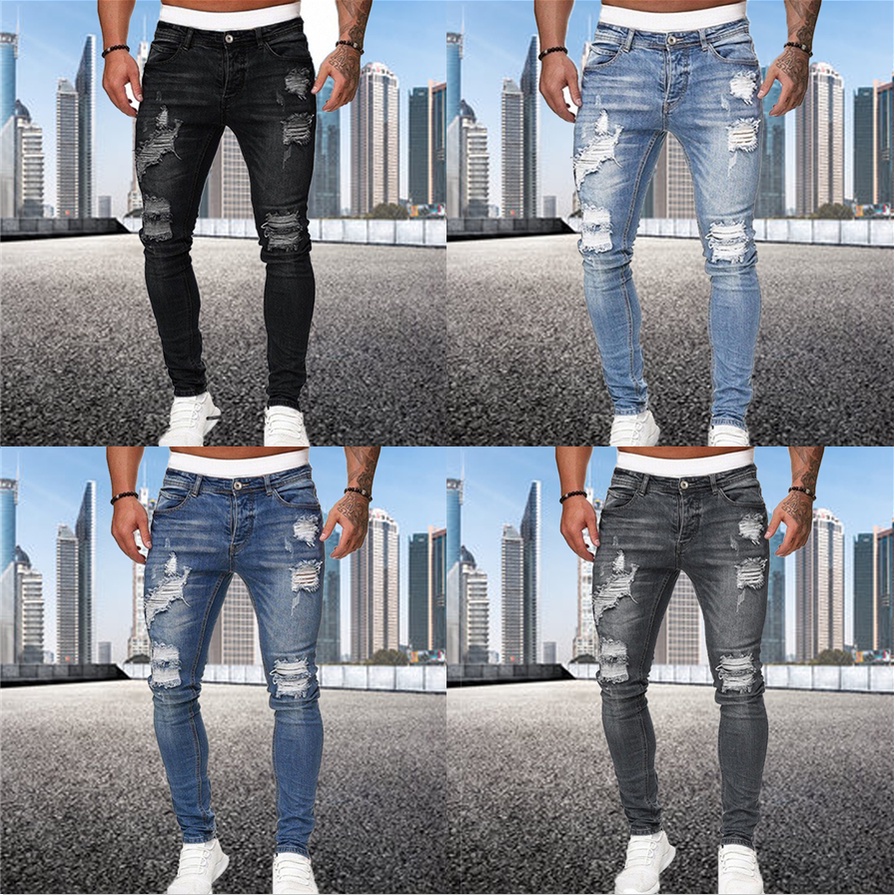 jeans Para Hip Hop Negro Azul Fresco Skinny Ripped Stretch Slim Elástico Denim De Gran Tamaño Casual Hombres | Shopee Colombia