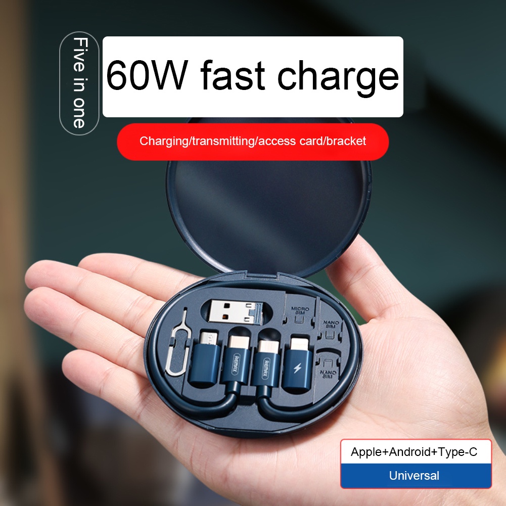 Remax 60W 5 En 1 Caja De Carga Rápida Multifuncional Para Teléfonos Móviles Portátil USB Tipo C Kit De Almacenamiento De Cable De Datos Con Pin De Tarjeta Soporte Oculto