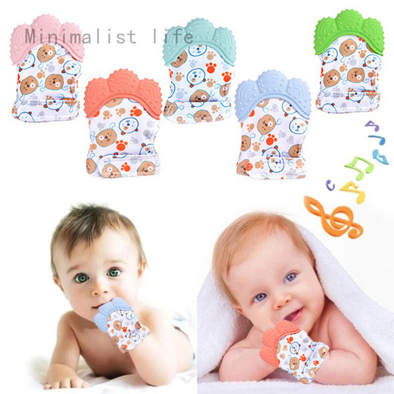 Paquete de 2 guantes de silicona de grado alimenticio guante de dentición para bebés juguetes de mordedor para bebés 