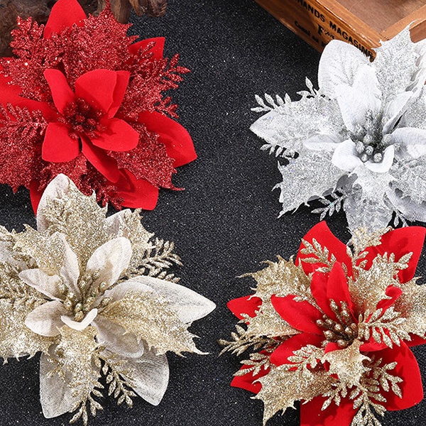 5/10 Pzs Flores Artificiales De Navidad/Falsas De Purpurina/Decoraciones De  Árbol Adorno Flor Artificial | Shopee Colombia